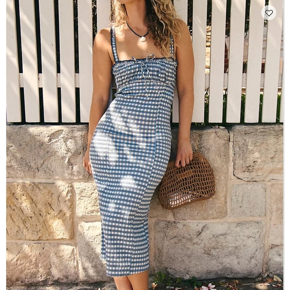 Free People Blue Checkered Midi Dress